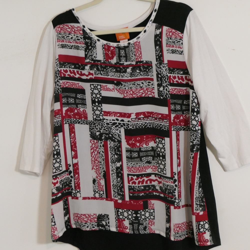 Hearts of Palm Women Top XL Black White Red Geometric Embellished Patchwork Bold